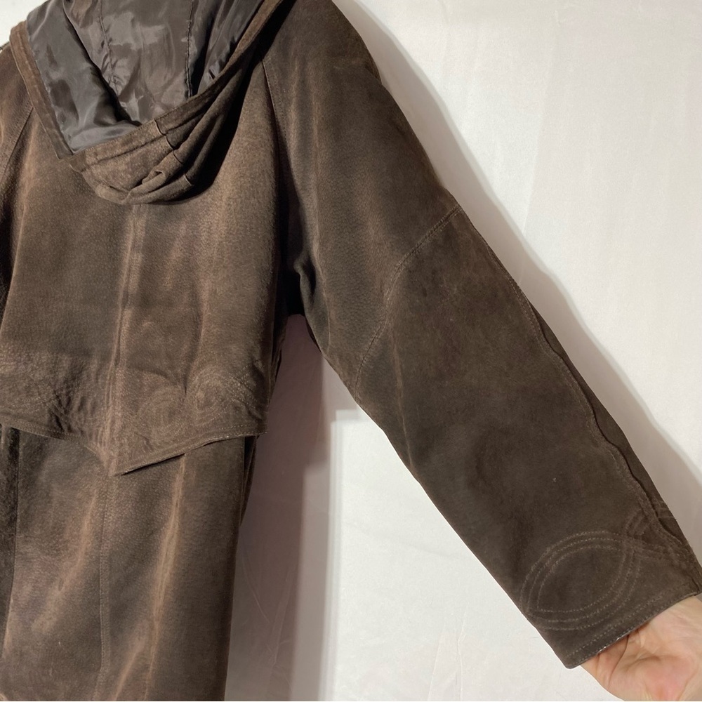 Vintage 90s Outlook Brown Suede Leather Coat With Drawstring Waist M - Picture 14 of 16